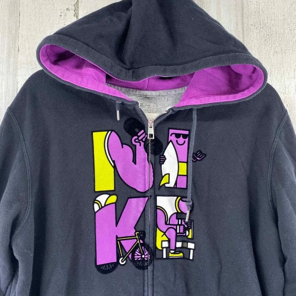 Nike Full Zip Streetwear Hoodie Jacket Womens XL Black Purple Spellout Pockets